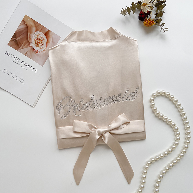 Cross-border Hot Rhinestone Morning Robe Bride Bridesmaid Group Ice Silk Hot Stamping Wedding High-end Pajamas Nightgown Women's Long Summer