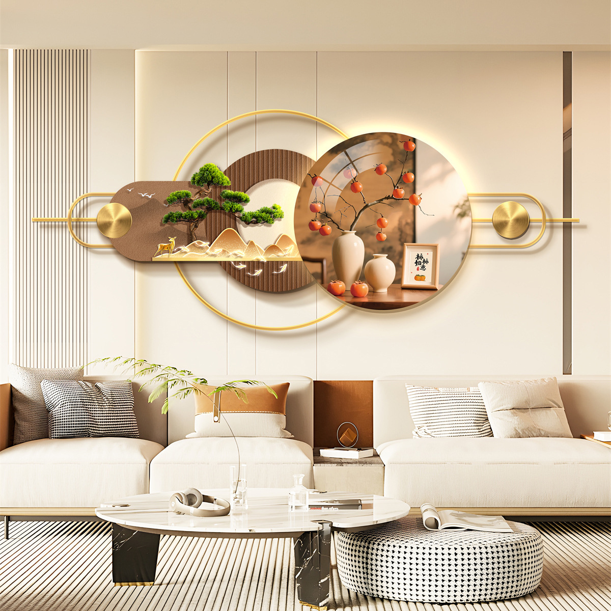 New Living Room Three-Dimensional Mural Decorative Painting Sofa Background Wall High-End Lamp Painting Aluminum Alloy Combination Hanging Painting