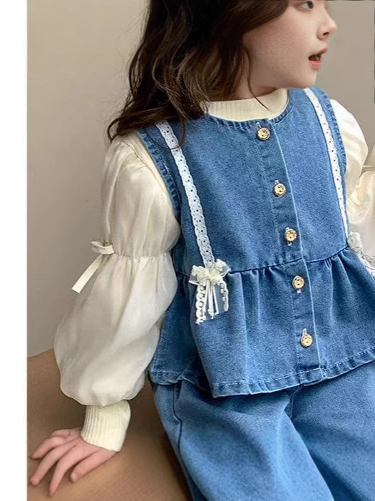 Children's Soft Denim Vest and Pants Two-Piece Set Skirt for Girls, Versatile Super Soft Jeans Wholesale Fashion