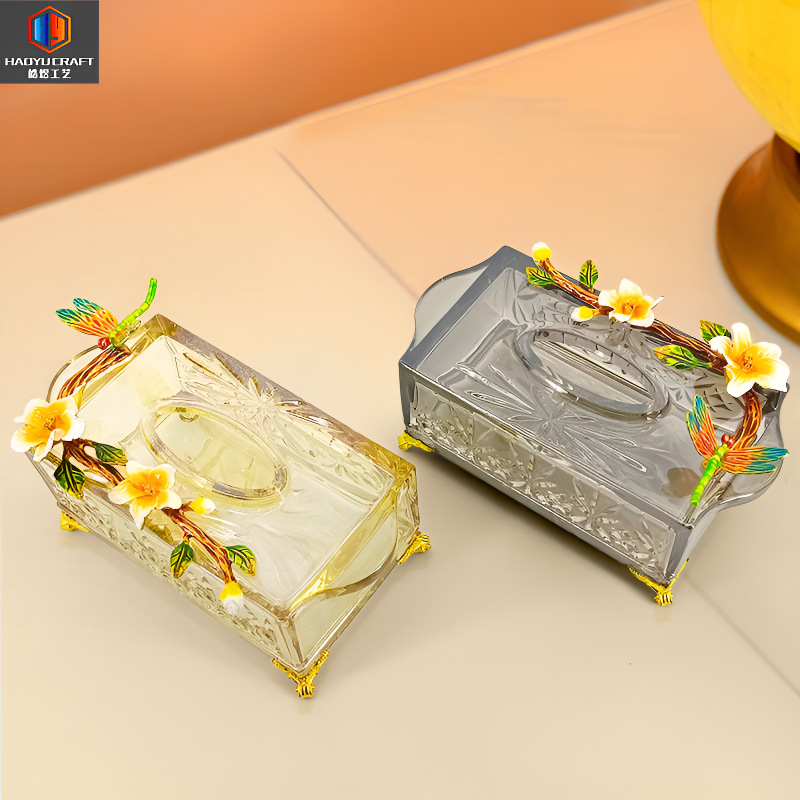 Light Luxury Style Tissue Box Living Room Household Creative Paper Box American Glass Electroplated Amber Paper Storage Box Pendulum