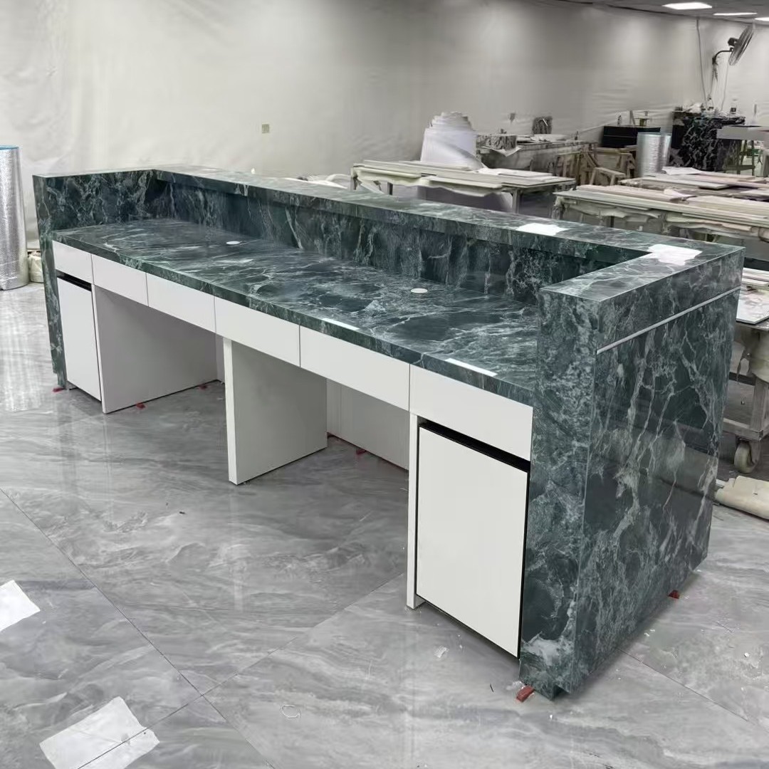 Company Stone Slab Reception Desk Hotel Service Desk Stainless Steel Cashier Counter Stone Slab Marble Bar Table