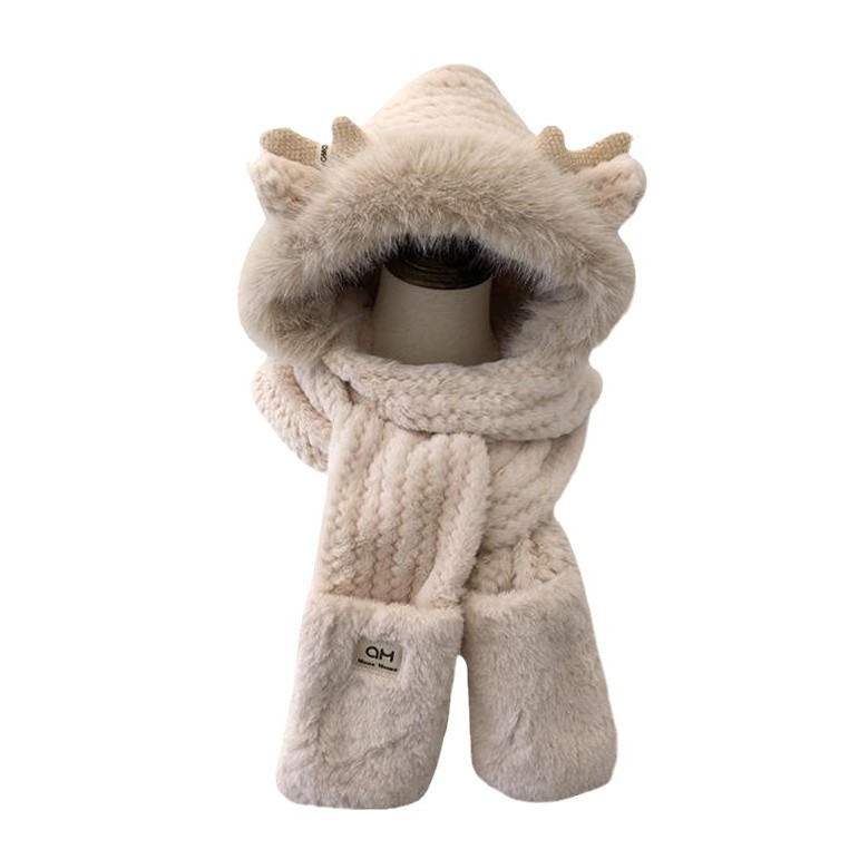 Dragon Horn Hat, Scarf, Gloves, One-Piece Thickeneded Plush Scarf, Longbao Three-Piece Set, Autumn and Winter Outdoor Cold Protection Artifact