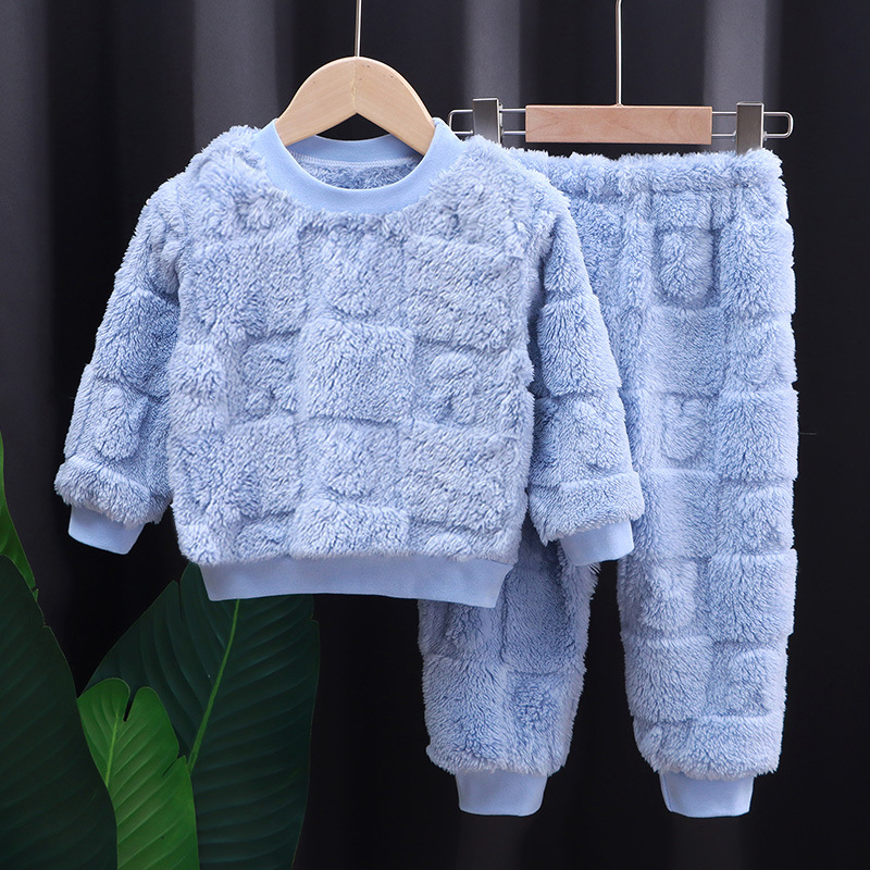Children's Autumn and Winter Flannel Pajamas Set Korean Style Boys' Velvet Thickeneded Home Clothes Girls' Thermal Intimates Set