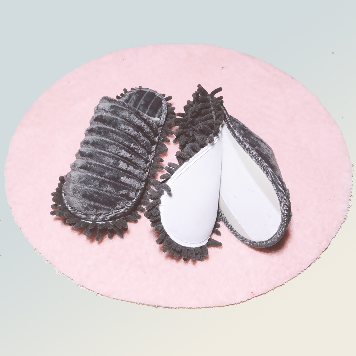 Cross-border Winter New Fluffy Striped Lazy Scrubbing Slippers Chenille Bottom Removable Cleaning Mop Slippers