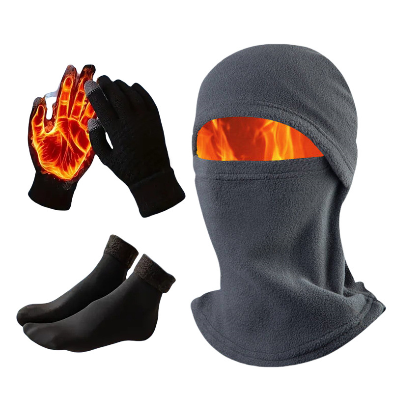 Winter Integrated Cycling Mask, Ski Hat, Neck Warmer, Fleece Warm Headgear, Three-Piece Set, Street Style Gloves