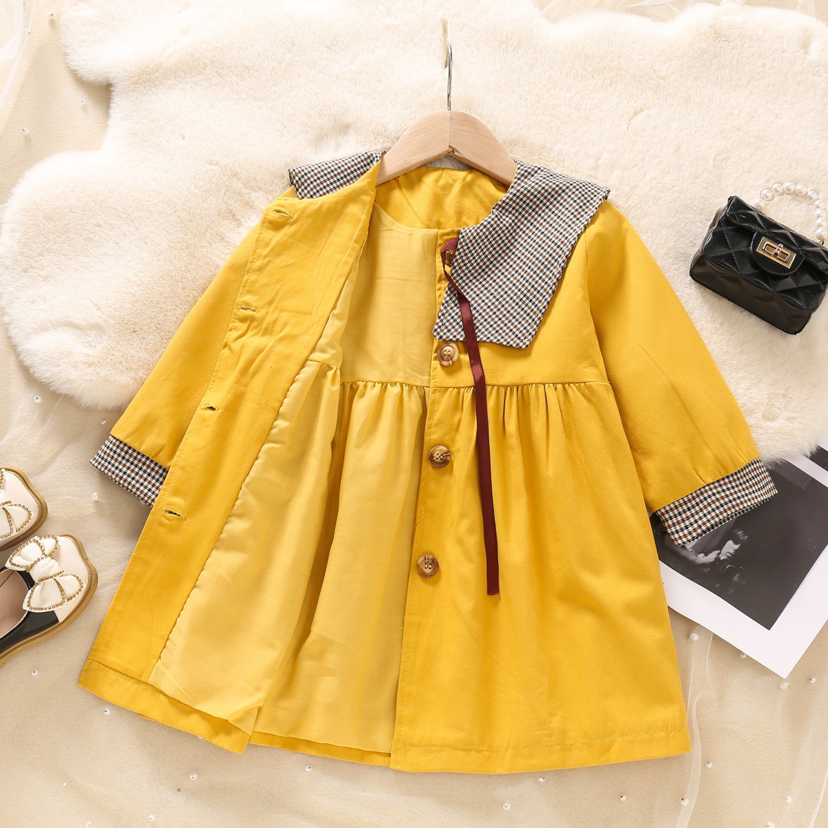 77113 Girl's Spring and Autumn Plaid Large Lapel Trench Coat Spring New Children's Girl's Spring Foreign Style Trench Coat