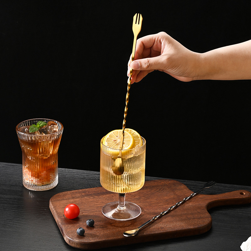 Stainless Steel Mixing Spoon Bar Spoon Cocktail Long Handle Bar Spoon Ice Spoon Double-Head Dual-Use Mixing Spoon Fork