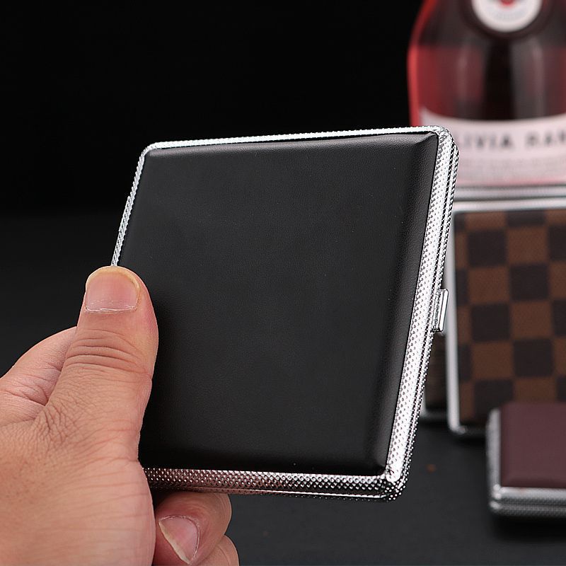 Trendy Leather Grain Cigarette Case Men's Boutique Lightweight 20-Pack Metal Leather Cigarette Case Cigarette Holder Business Gift Wholesale