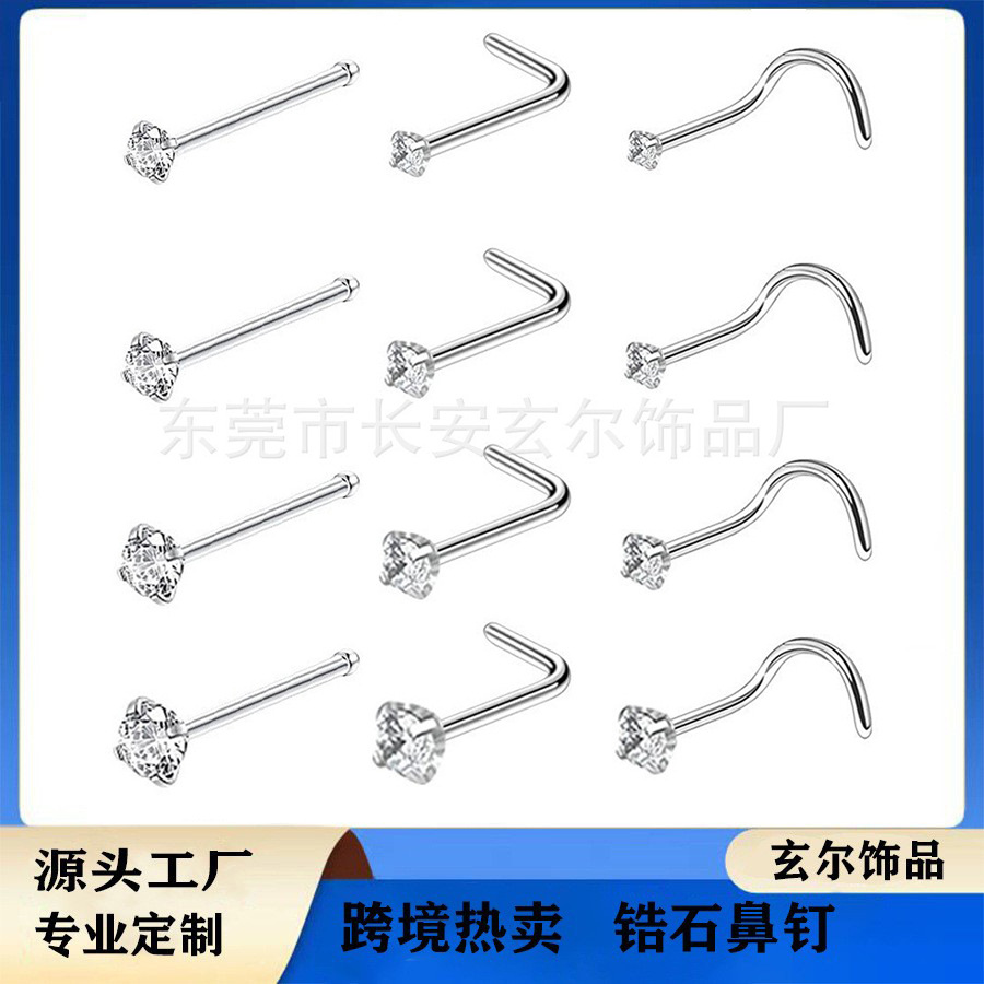 Кольцо для носа из нержавеющей стали, L-образное, с цирконами, оптовая продажа