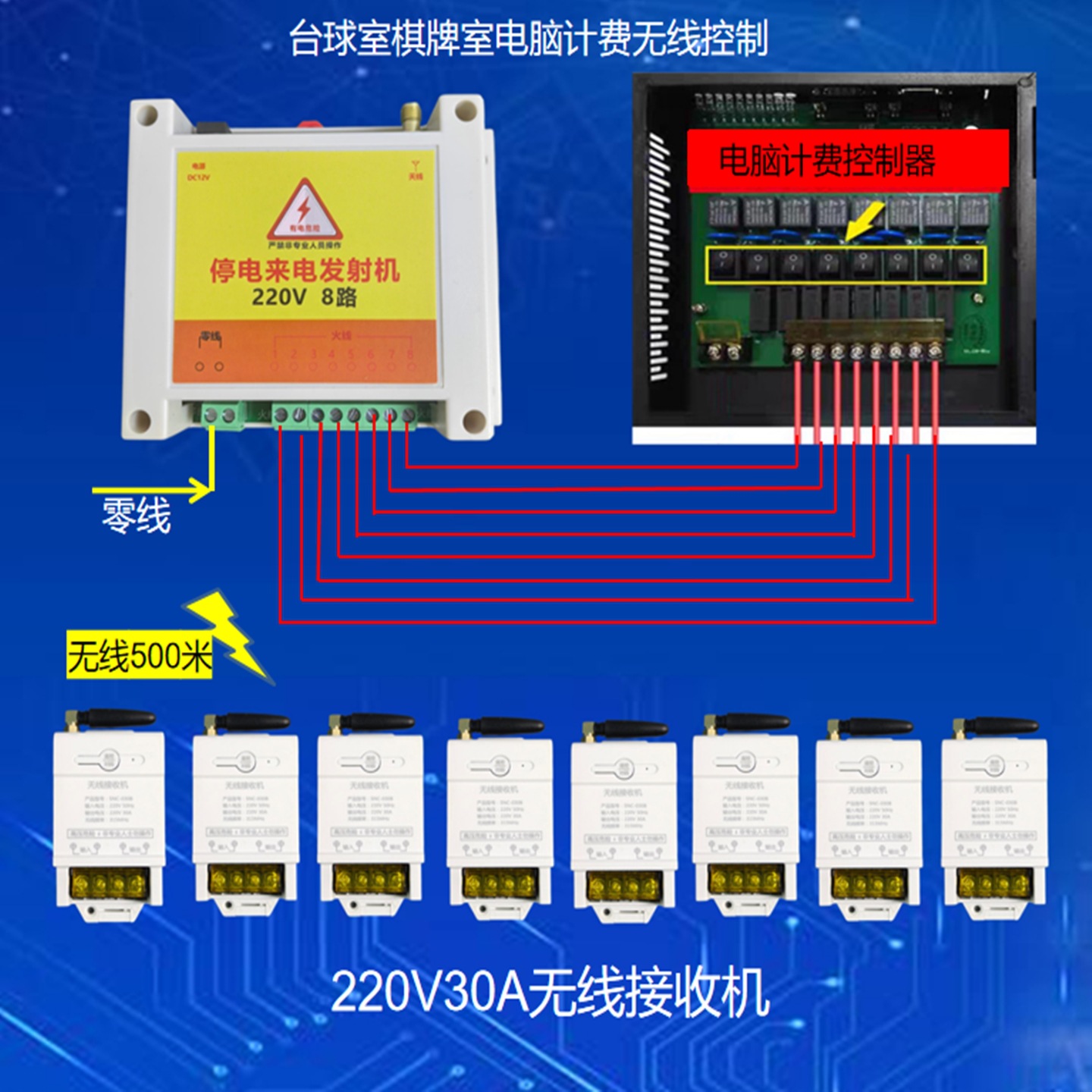 Бильярдная, шахматный и карточный зал, компьютерный расчет, беспроводное управление 220V, синхронизация переключателя при отключении питания и входящем звонке
