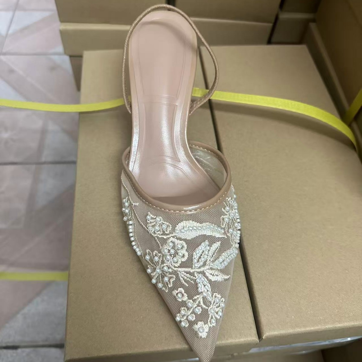 Spain ZA2024 Autumn New Muller Shoes White Embroidered Mesh Rear Trip Strap Thin Heeled High Heeled Dew Sandals