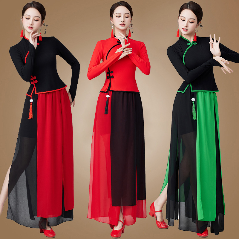 Танцевальная одежда 2402 нового классического стиля, топ с стойкой, элегантная юбка из шифона, для выступлений в квадратном танце