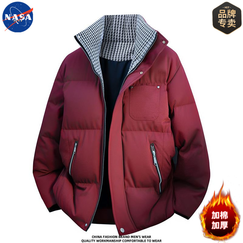 Nasa Brand Winter Warm Cotton Jacket for Men, Stand Collar, Loose Fit, Color-Blocking, High-Quality Cotton Coat, Couple's Cotton Padded Jacket