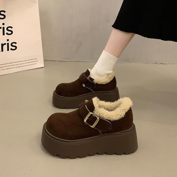 Теплые хлопковые туфли с флисовой подкладкой для женщин, новый зимний универсальный стиль 2025 года, полные беркенштоки, теплые снежные ботинки с толстой подошвой