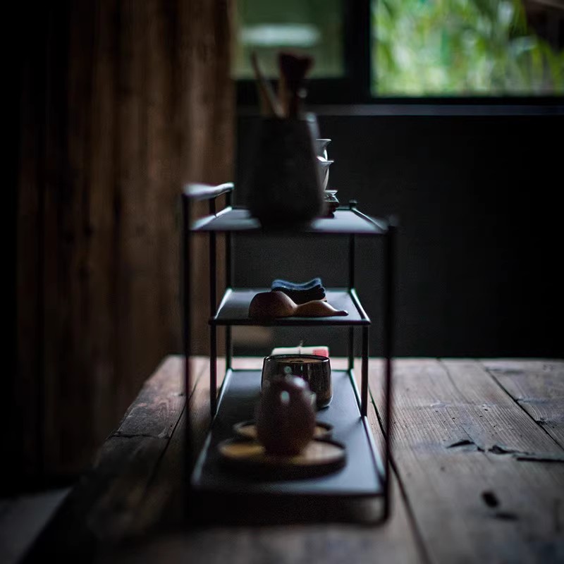 Iron Tea Shed Black Antique Rack Tea Set Storage Display Rack Tea Room Tea Space Desktop Tea Cabinet