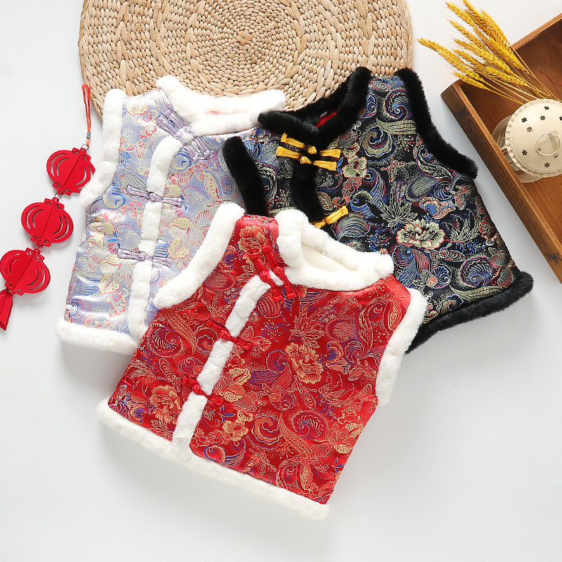 Chinese-style annual clothing children's waistcoat for boys and girls plus velvet padded vest festive New Year outfit Tang suit waistcoat factory wholesale