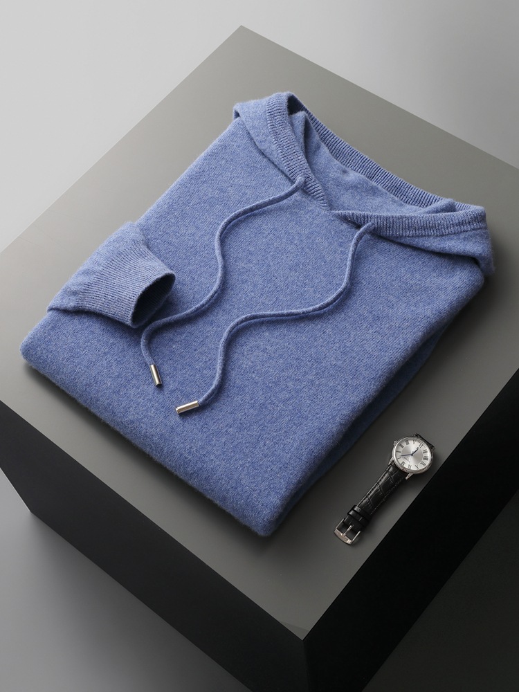 First-Line Clothing 100% Australian Wool Sweater Men's Hoodie Seamless Casual Hooded Pullover Sweater Solid Color Knitwear