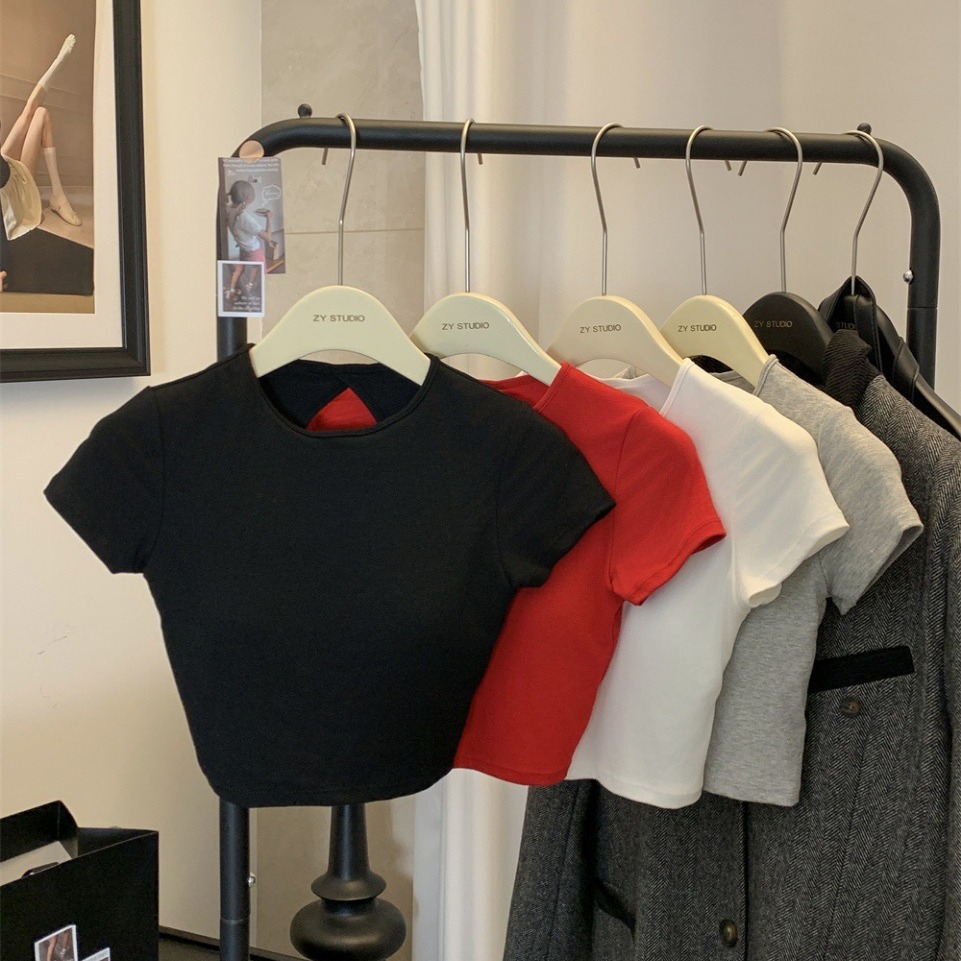 Pure Sweet Spice Girl Sexy Backless Short Top Women's Summer Design Niche Short Sleeve T-shirt with Chest Pad Strap