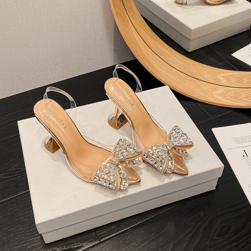 2024 spring new fashion pointed-toe bar heel rhinestone sandals