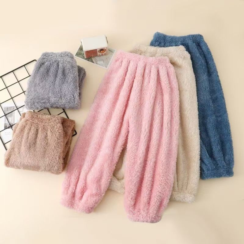Children's Warm Pajama Pants Home Pants fleece-lined Girls Autumn and Winter Home Winter Coral Fleece Boys' Warm Pants Flannel