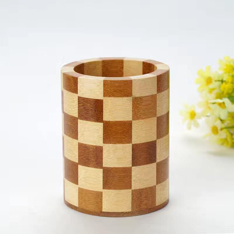 Wooden Round Desktop Chopsticks Holder Plaid Household Tableware Storage Box Engraving LOGO Restaurant Chopsticks Holder
