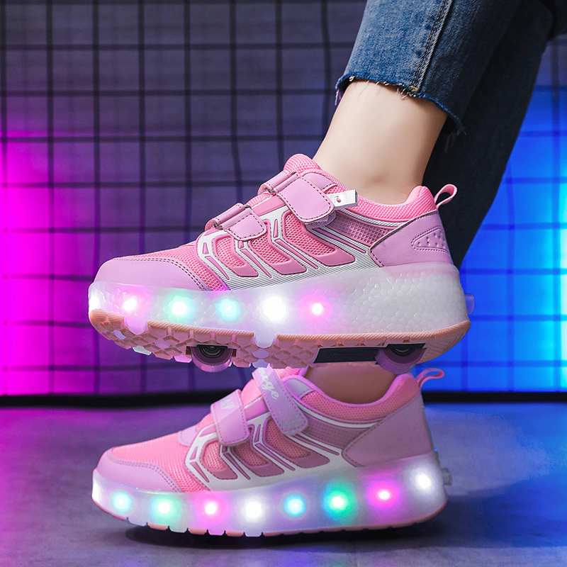 New double wheel with light heloo shoes factory wholesale children pulley skates mesh breathable flash roller skate shoes