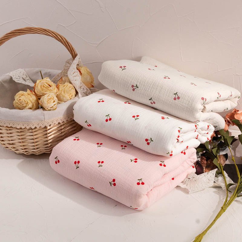 Cotton Double-Layer Gauze Crepe Small Cherry Print Children's Dress Washed Baby Cotton Pajamas Fabric Leather