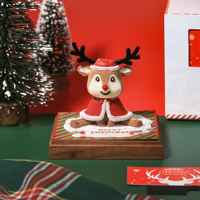 Christmas Desktop Decoration Gift Cartoon Reindeer 3D Paper Carving Note Pad with Calendar 2026 Annual Party Gift Customization