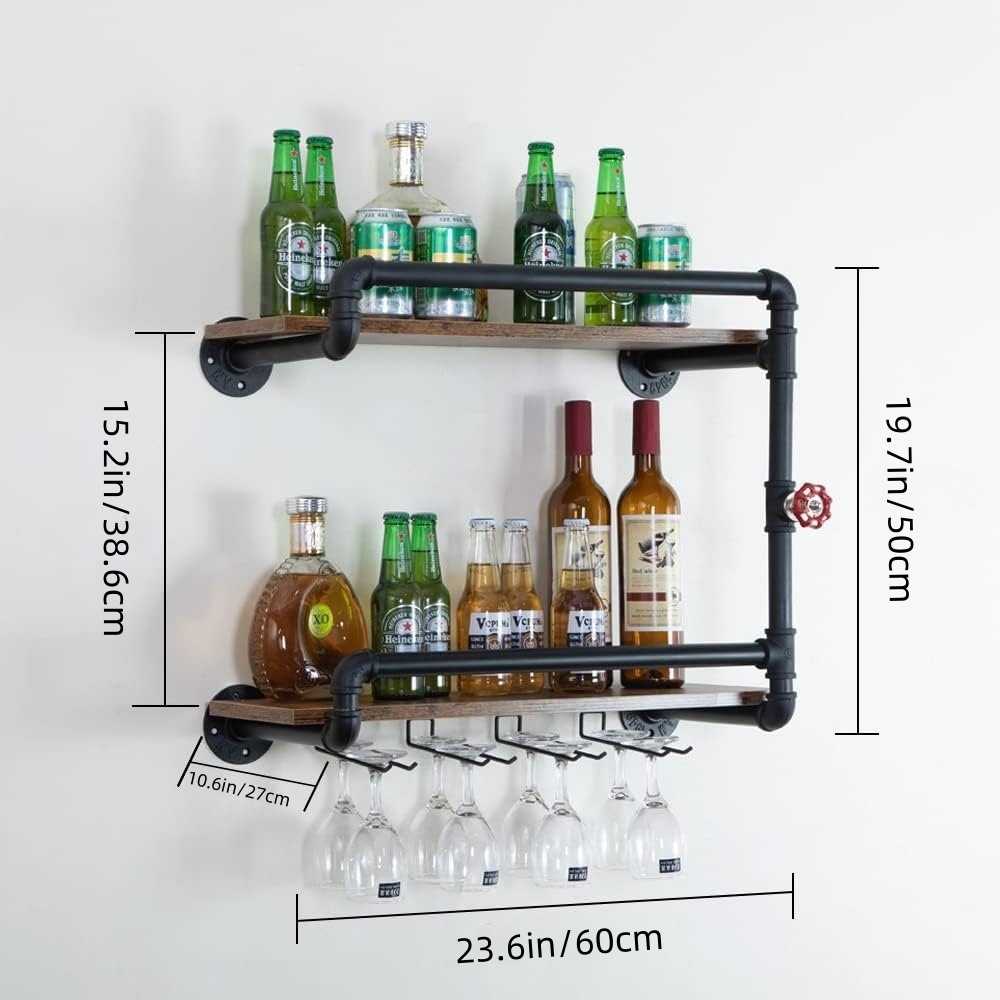 Industrial Wall Mounted Wine Rack Metal Hanging Wine Rack Floating Bar Rack Bottle Holder Storage Rack Wooden Shelf Wall Shelf