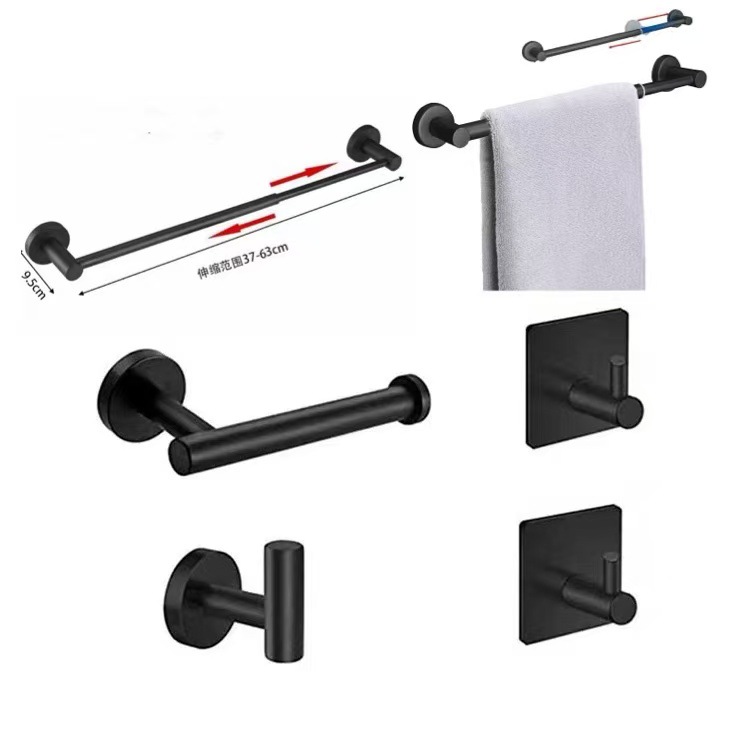 Cross-Border 304 Stainless Steel Towel Bar Black Set Punch-Free Bathroom Accessories Toilet Paper Holder Hook