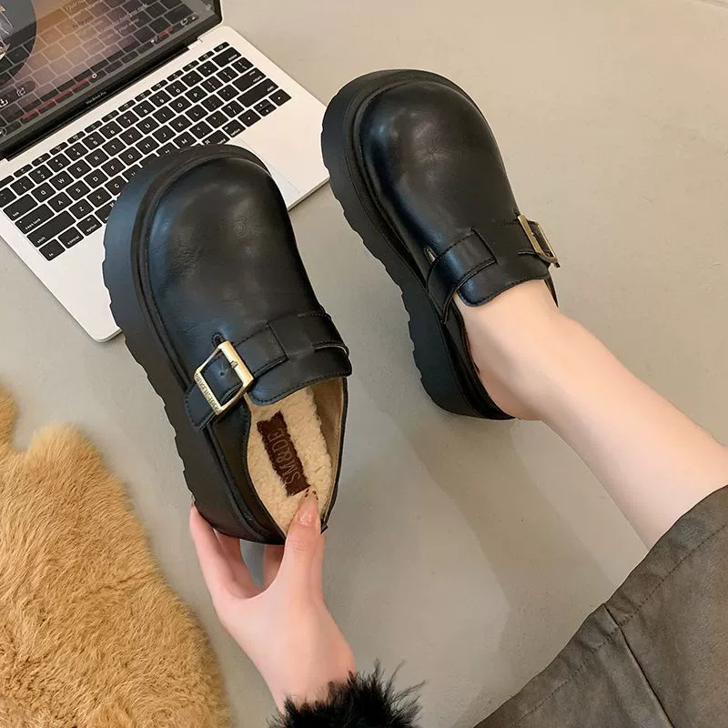 Plush Fleece-Lined Height-Increasing Slippers, Cotton Shoes, Fairy Closed-Toe New Thick-Soled Half-Slippers, Birkenstock Style, 2024 Warm