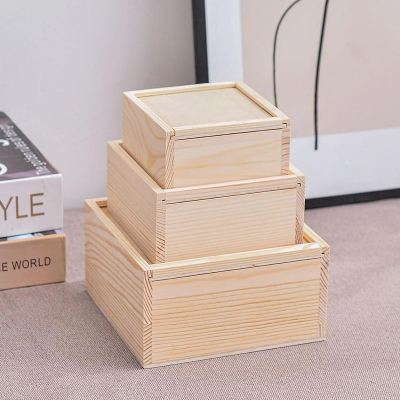 Pull-Out Wooden Box Solid Wood Storage Box Desktop Pine Wood Jewelry Tea Gift Box Wooden Packaging Box