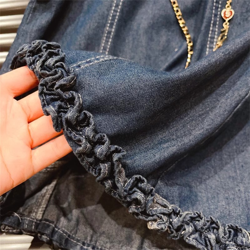 New Summer Wear Korean Style Children's Wear Girl's Ear Edge Solid Color Washed Denim Skirt Stylish Classic Vest dress Trendy