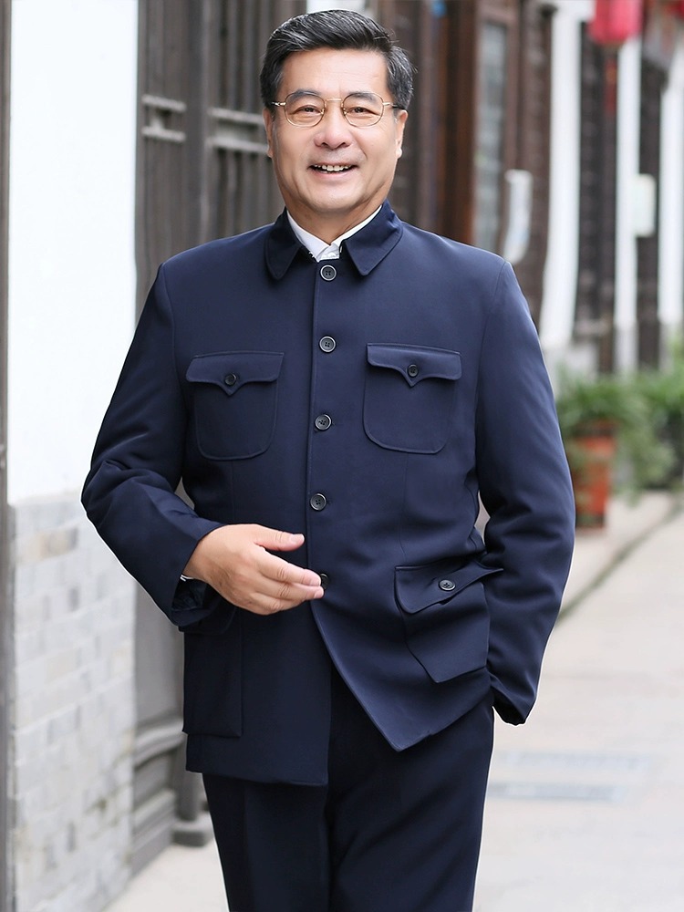 Men's Zhongshan Suit Jacket Set Dad's Zhongshan Suit Elderly Clothing Ethnic Attire Autumn and Winter Fleece-Lined Cotton Men's Clothing