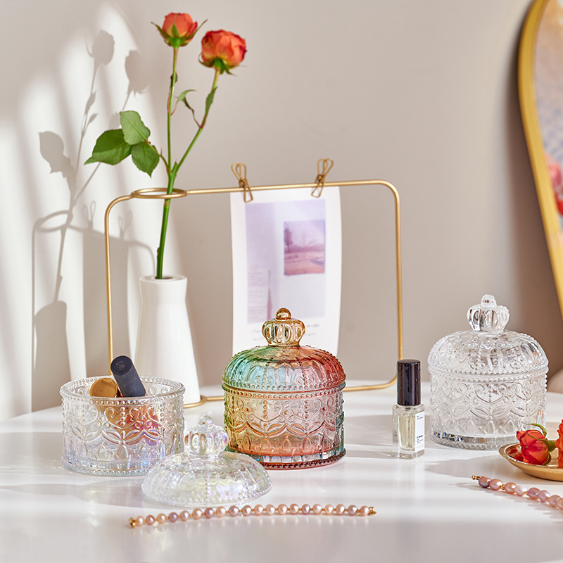 French Glass Jar Ins Style Colorfulful Crown Embossed Glass Jewelry Box Retro Candy Jar Ornaments Small