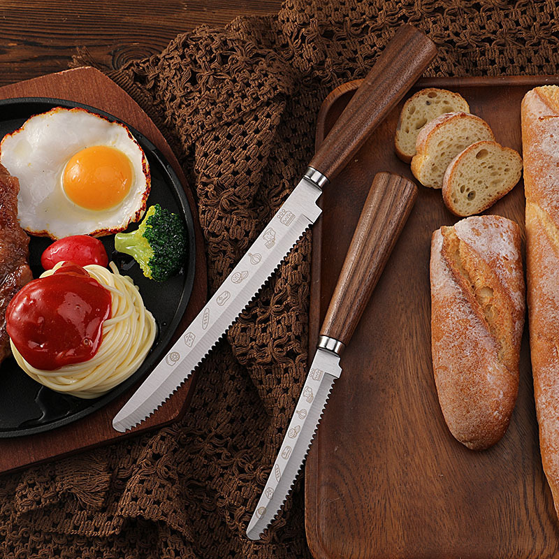 Cross-Border Spot Walnut Handle Baguette Toast Bread Cutter Household Baking Cake Bread Knife Serrated Steak Knife