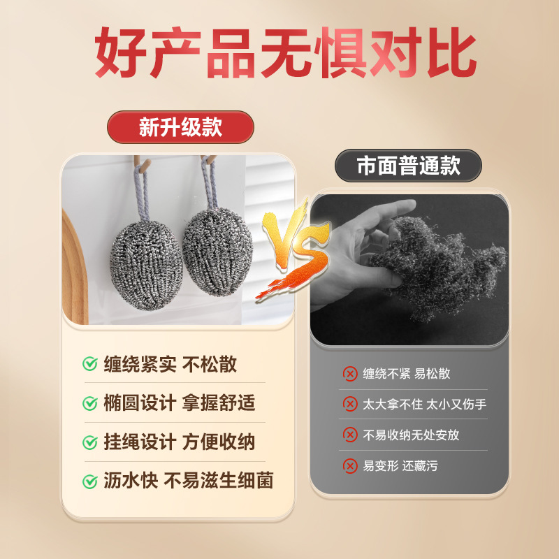 Stainless Steel Cleaning Ball with Hanging Rope for Home Use, Kitchen Pot Scrubber, Dishwashing, Rust-Free, Non-Shedding Wire Ball