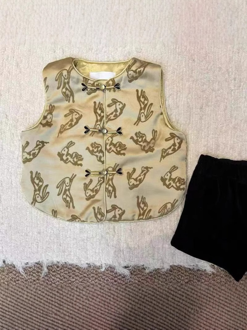New Chinese Children's Clothing One Year Old Dress Men's Treasure Tang Suit Vest Autumn and Winter Girls Chinese Style Rabbit Jacquard Cotton Vest