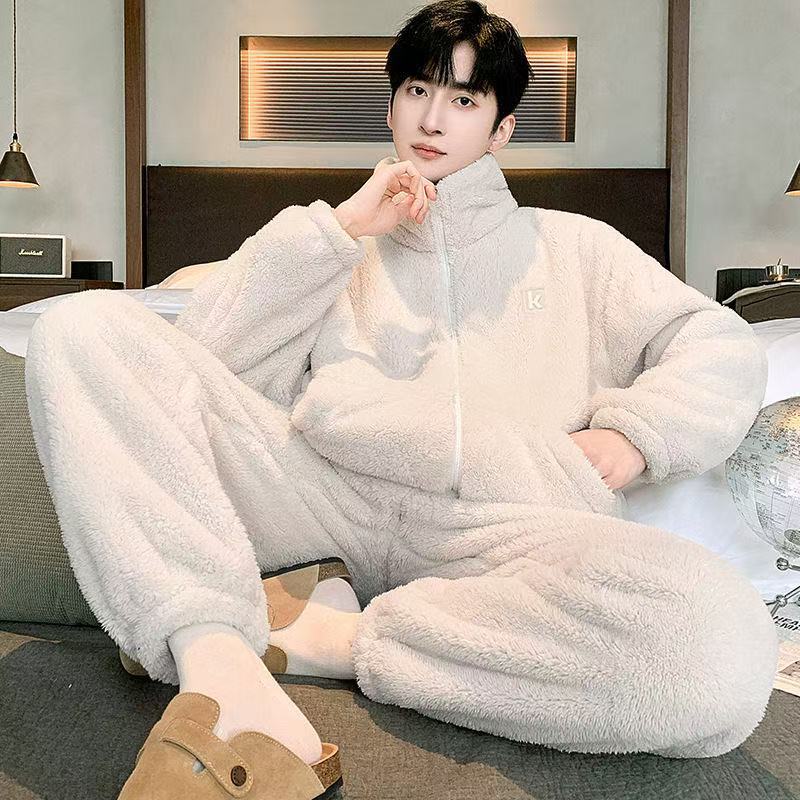 Can Be Worn Outside Men's Large Size Loose Fleece-Lined Thickeneded Warm Velvet Warm Home Clothes Pajamas Set Autumn and Winter New Snowflake Velvet