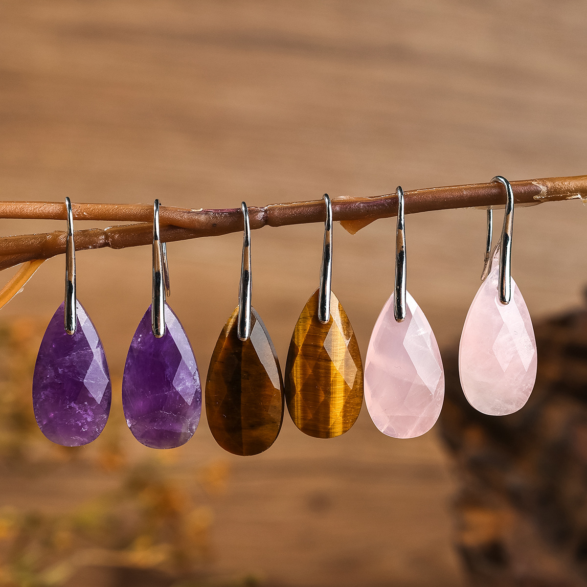 Серьги из натурального кристалла Zhuhang Jewelry, популярные аметистовые и розовые кристаллы, повседневные серьги, оптовая продажа