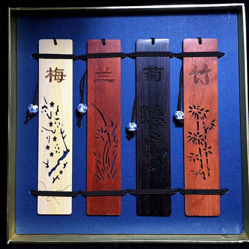 Chinese Style Engraved Gift Cut Out Chinese Style Souvenir Logo Wooden Bookmark Classical High-End Exquisite Gift Box Practical
