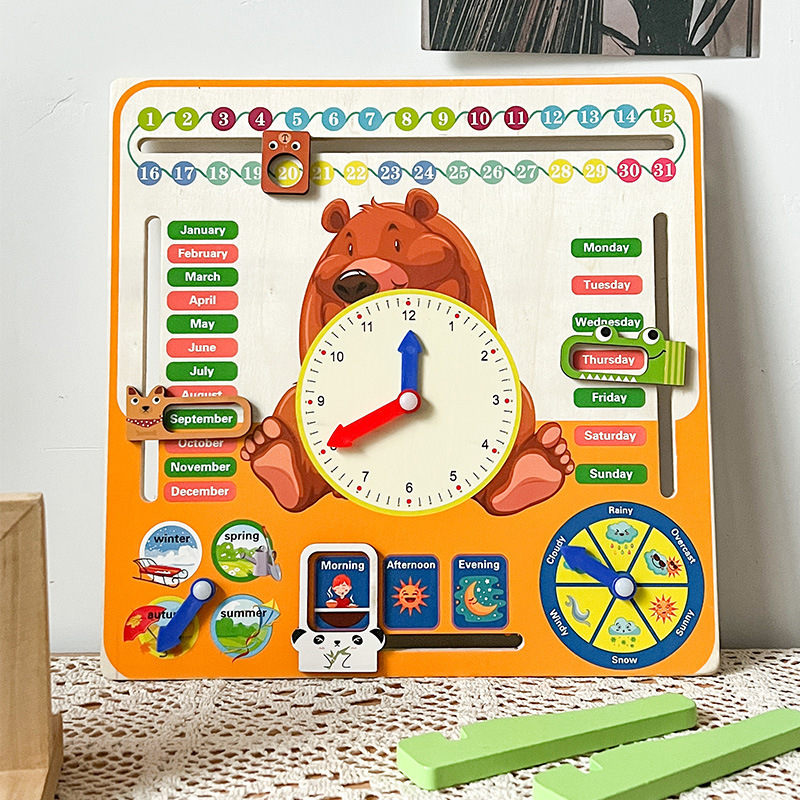 Wooden Multifunctional Clock Early Education Cognitive Baby Kindergarten Toy Bear-Shaped Shape Learning Building Blocks 12 Educational