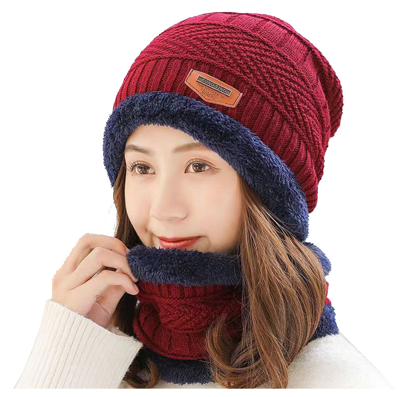 Winter Hat suit fleece-lined warm outdoor fishing collar scarf knitted hat