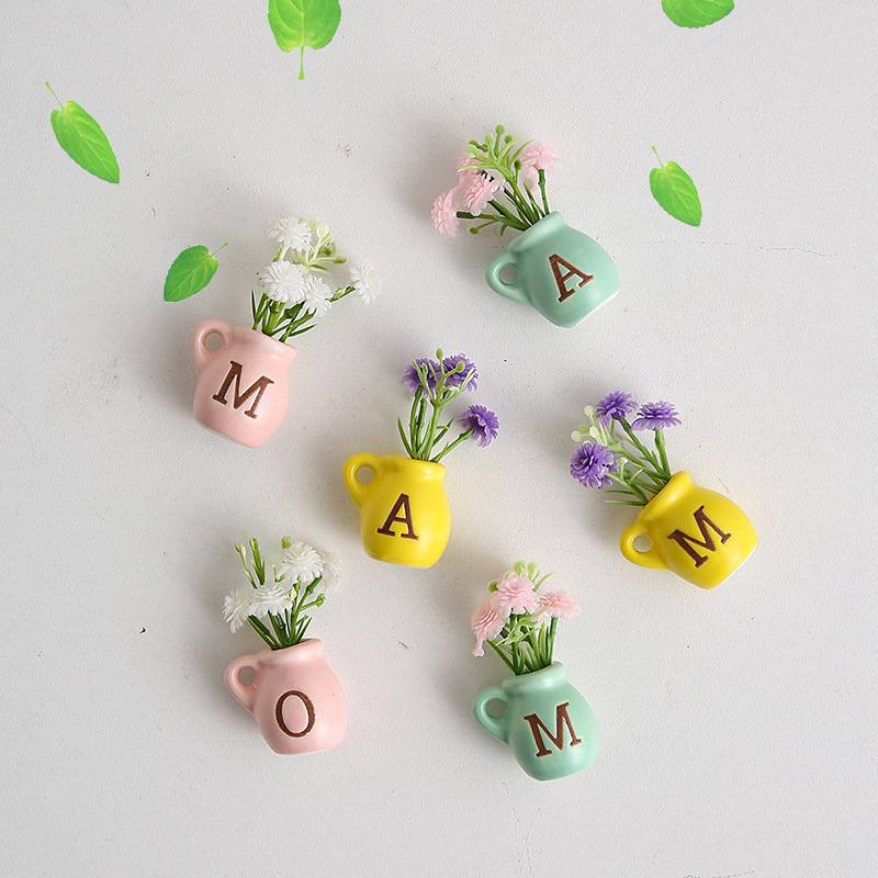 Cross-Border Ceramic Refrigerator Magnet Mini Vase Mother's Day with Magnet and Fake Flowers DIY Refrigerator Decoration