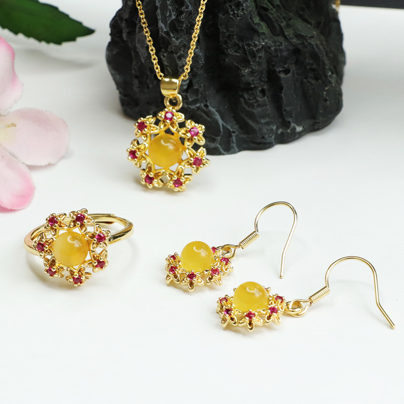 Guan Yu Natural Amber and Beeswax Set: Pendant, Earring Hooks, Earrings, Ring Three-Piece Set Factory Direct Delivery S1122717