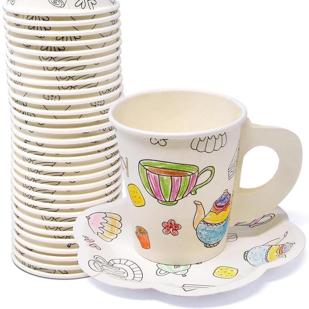 Tea Party New Product Paper Plate Tea Cup Disposable suit with Handle Coloring Activity Craft Coffee Cup