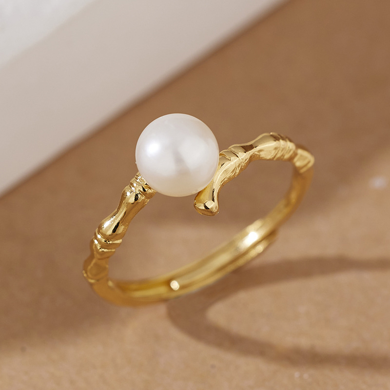 Korean version of simple personality bamboo ring Women's fresh water pearl opening adjustable ring jewelry empty holder finished wholesale