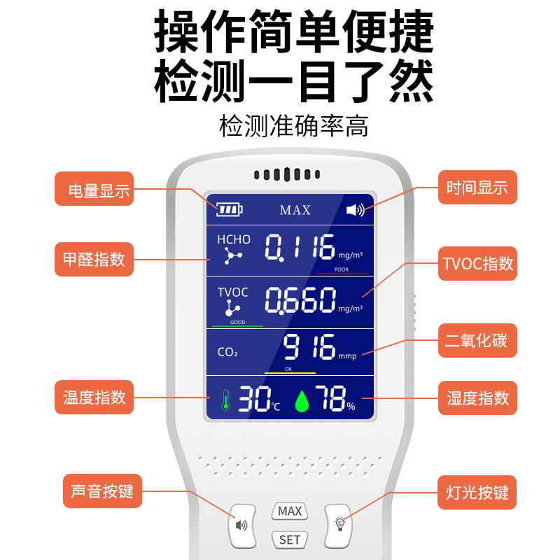 Portable Infrared co2 air quality detector formaldehyde carbon dioxide detector indoor temperature hygrometer