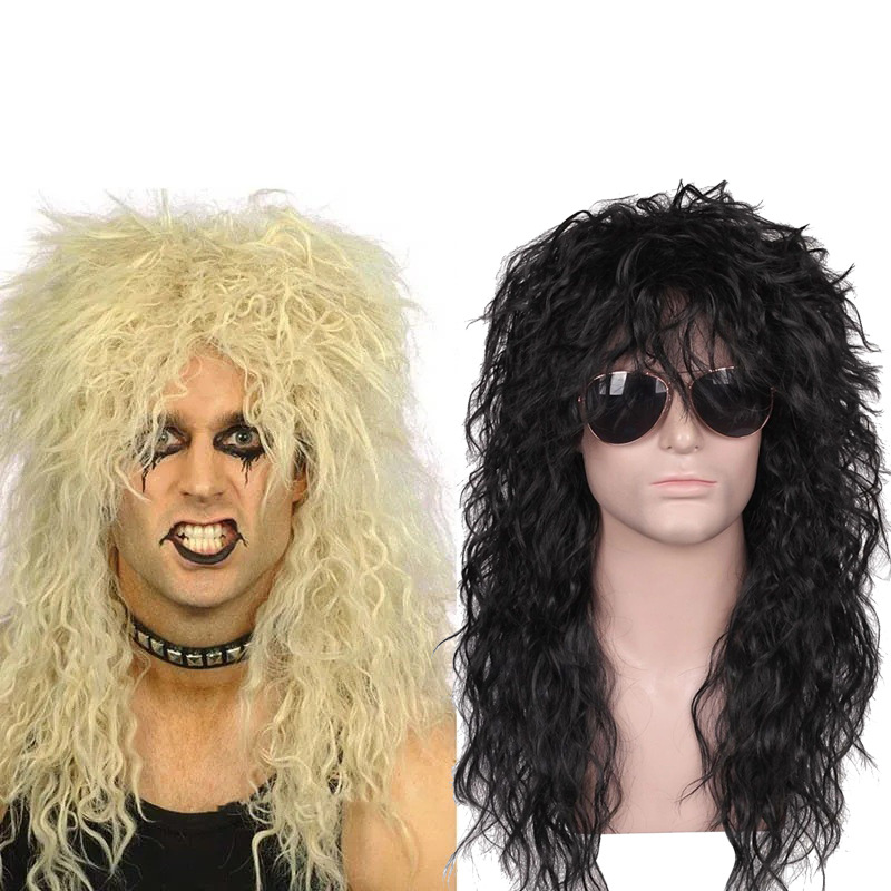Amazon Hot European and American Men's Wig Cyberpunk Rock Long Curly Hair Halloween Fancy Dress Wig