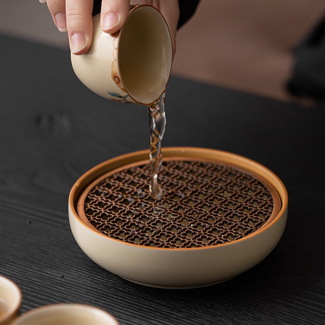 Beige Ruyao Pot Bearing Tea Bearing Dry Bubble Table Small Household Drain Pot Water Storage Cover Bowl Tea Pot Pot Cushion Tea Accessories